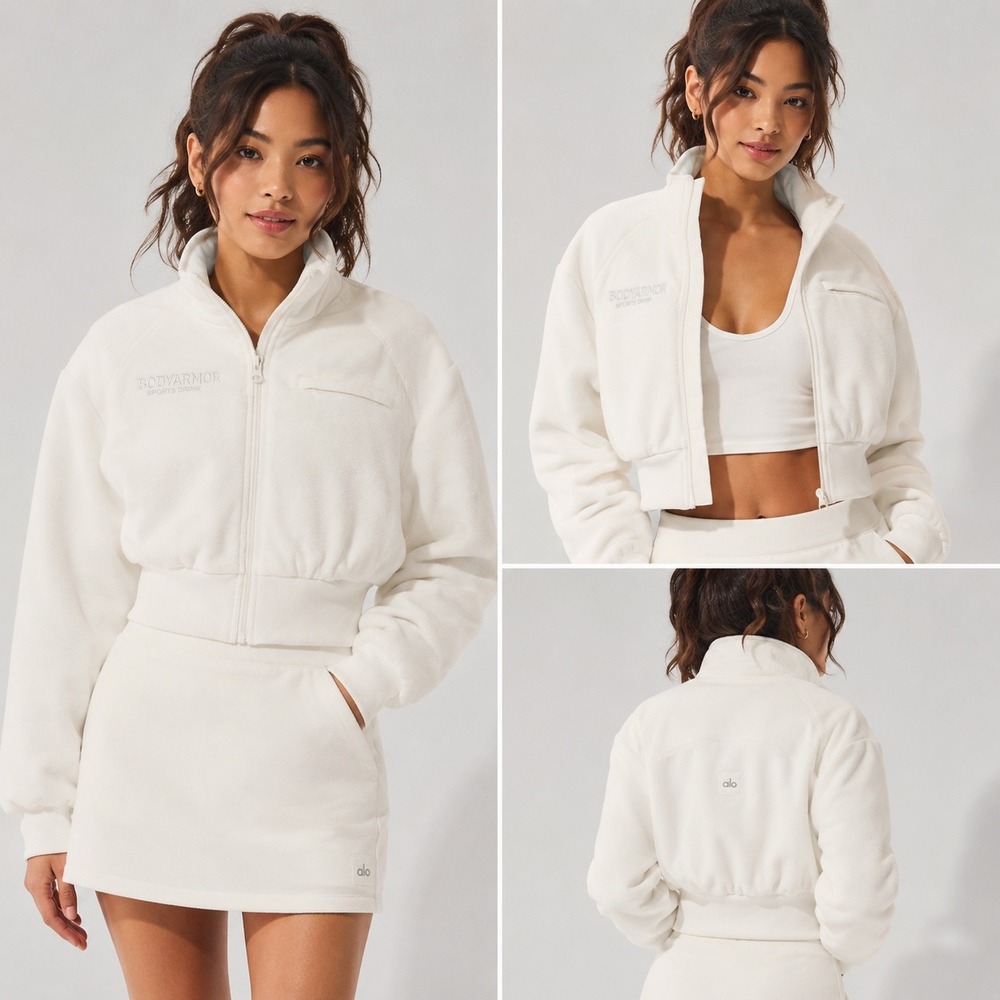 Alo Yoga Polar Fleece Cropped Wintry Mix Jacket Ivory Body Armor Logo XS